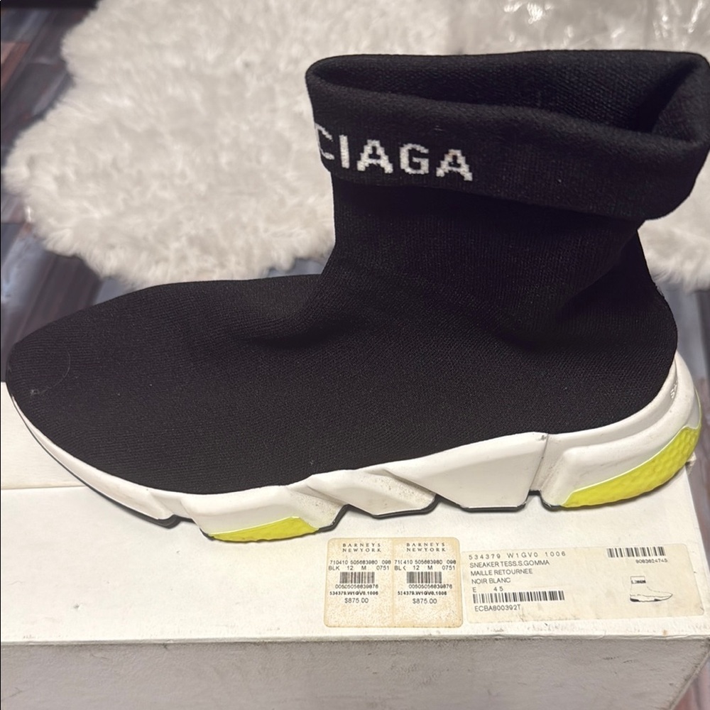 Balenciaga Black and White Sock Sneakers with Yellow Accents